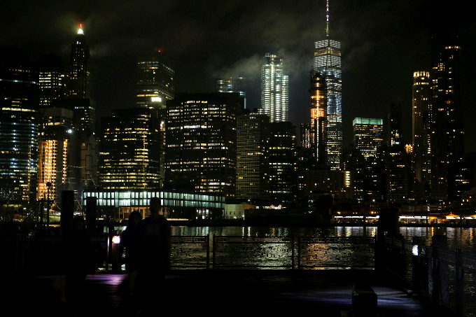 A view of the lower Manhattan night skyline as seen from Brooklyn.